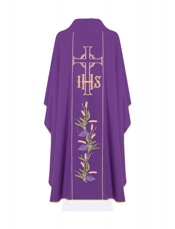 Chasuble brodée avec symbole de IHS, Croix et raisins - violet (H110)
