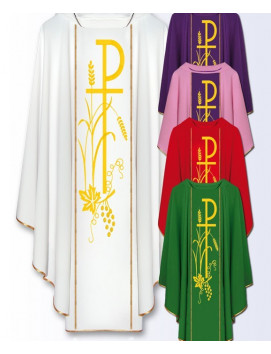 Casulă liturgică cu IHS aurie Chi-Rho, grâu și viță de vie brodată