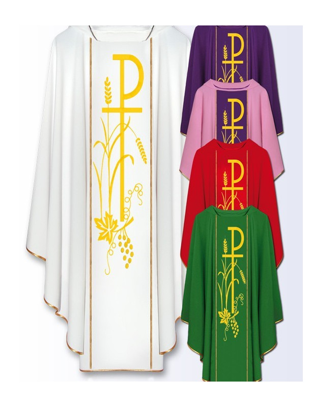 Liturgical Chasuble with Gold Chi-Rho, Wheat, and Grapevine Embroidery
