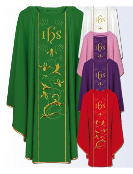 Catholic Liturgical Chasubles with IHS Monogram and Gold Floral Embroidery