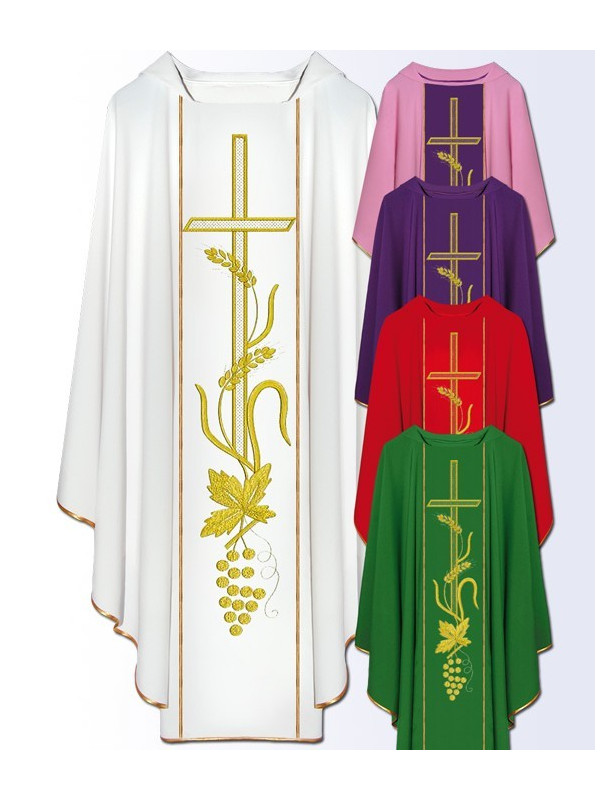 Casula liturgica con ricamo di croce, grano e uva