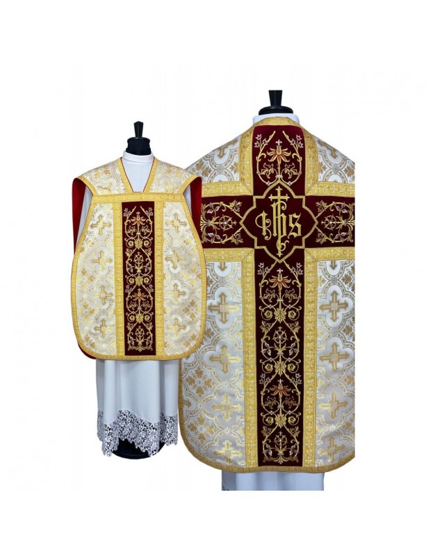 Roman chasuble ecru + gold - maniple, burse, veil, stole (5K)