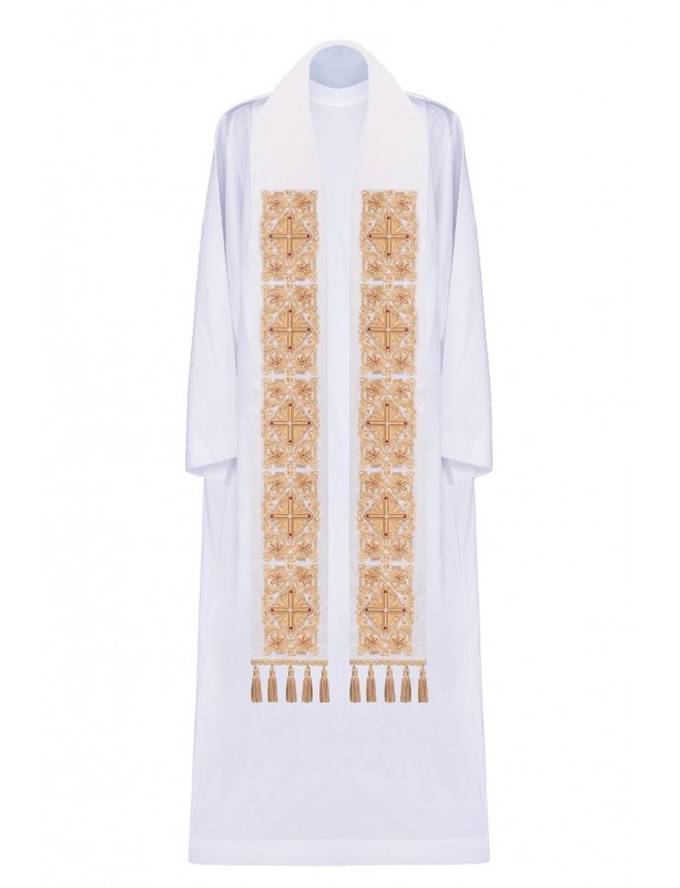 Embroidered ecru stole, embellished with tassels (4H)