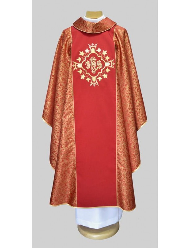 Embroidered priest chasuble, red - IHS (1K)