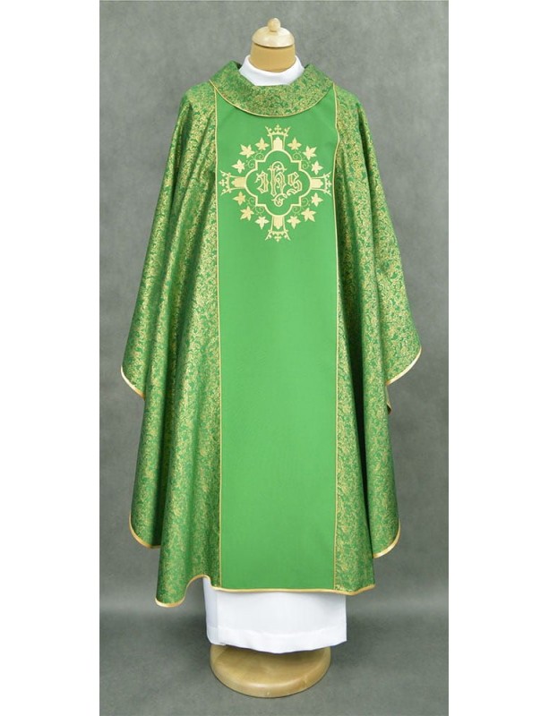 Embroidered priest chasuble, green - IHS (2K)