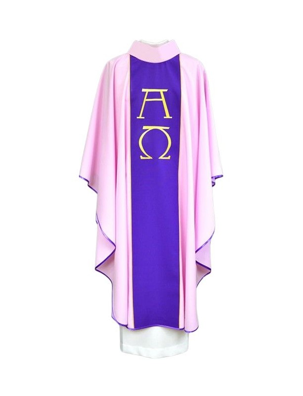 Casulla sacerdotal rosa, bordada, Alfa y Omega (3K)