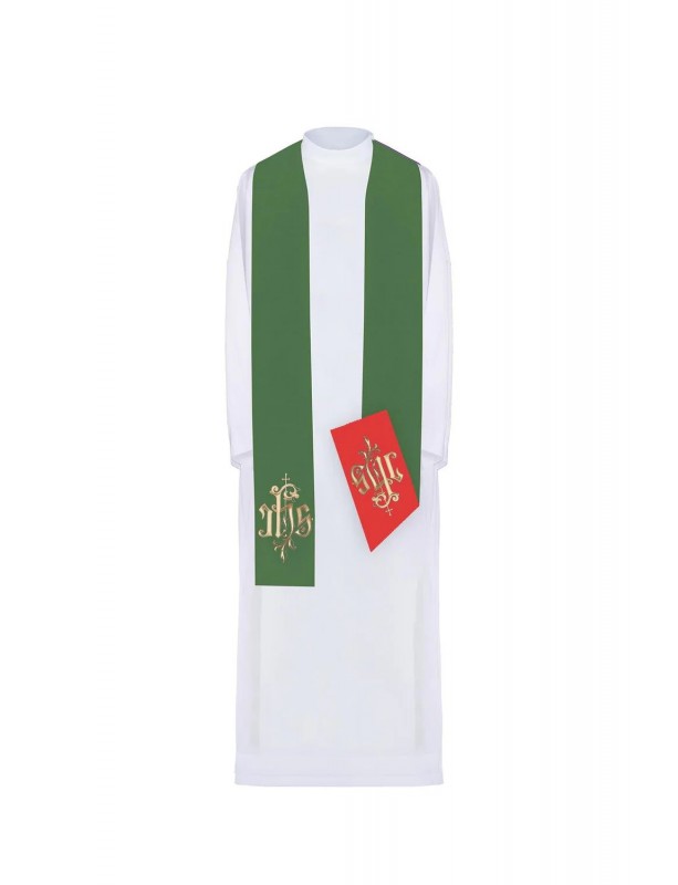 IHS embroidered double-sided stole, green-red (31H)