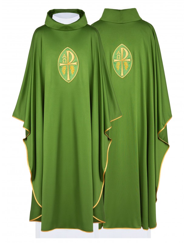 Casulla bordada con símbolo Alfa, Omega y PAX - verde (H195)