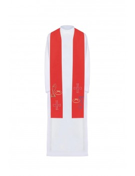 Embroidered red stole, symbolism of bread, fish, cross (33H)