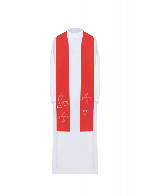 Embroidered red stole, symbolism of bread, fish, cross (33H)