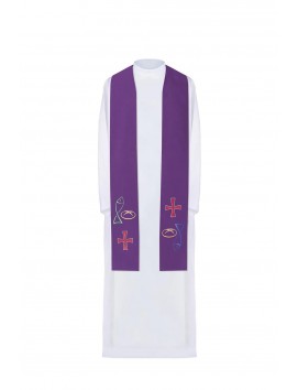 Embroidered purple stole, symbolism of bread, fish, cross (34H)