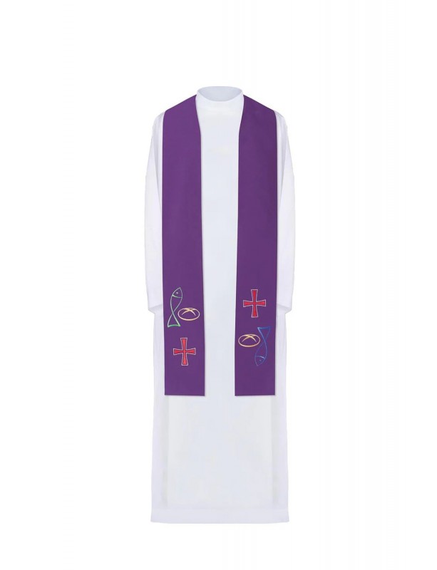 Embroidered purple stole, symbolism of bread, fish, cross (34H)