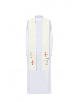 Embroidered ecru stole, symbolism of bread, fish, cross (35H)