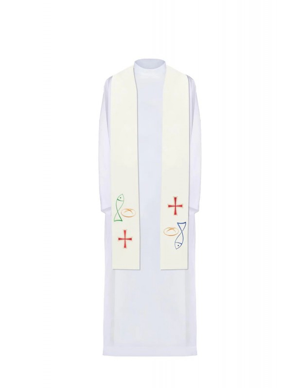 Embroidered ecru stole, symbolism of bread, fish, cross (35H)