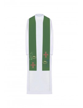 Embroidered green stole, symbolism of bread, fish, cross (36H)