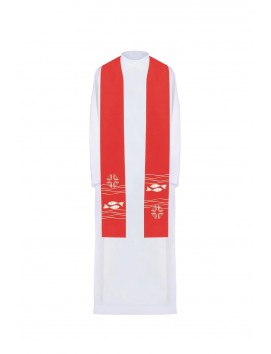 Embroidered red stole, symbolism of fish, cross (37H)