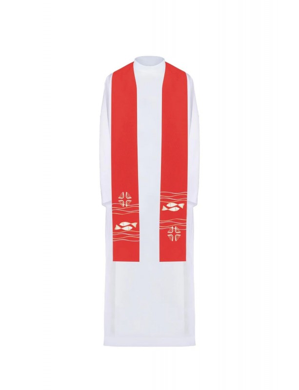 Embroidered red stole, symbolism of fish, cross (37H)