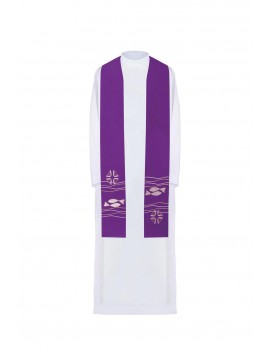 Embroidered stole purple, symbolism of fish, cross (38H)