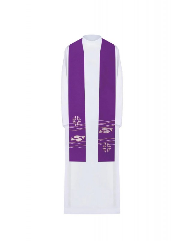 Embroidered stole purple, symbolism of fish, cross (38H)