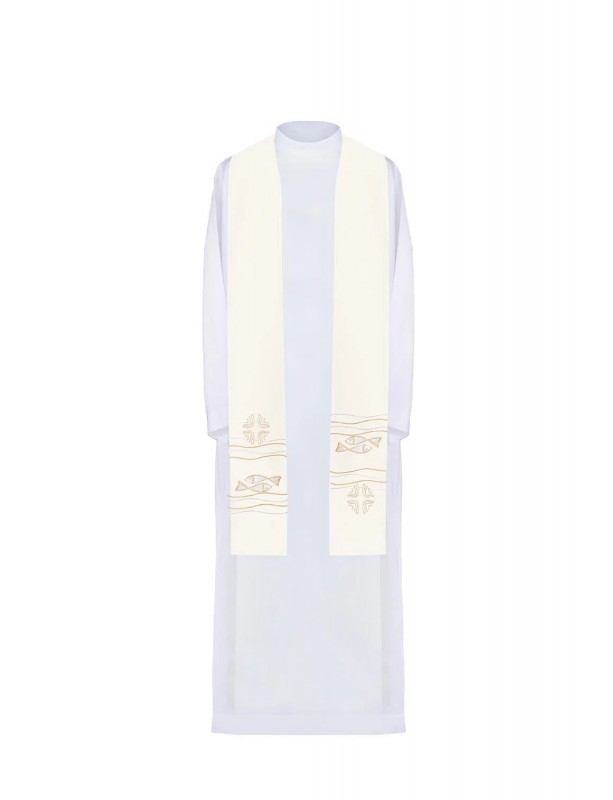 Stola écru ricamata, simbolismo di pesce, croce (39H)