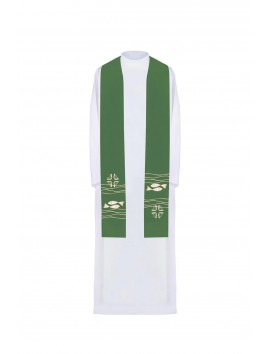 Embroidered green stole, symbolism of fish, cross (40H)