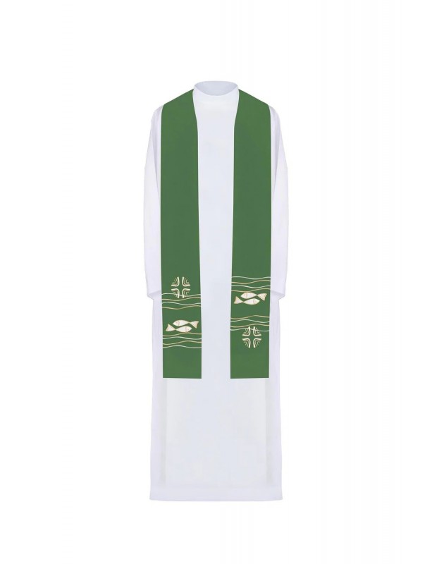 Embroidered green stole, symbolism of fish, cross (40H)