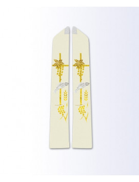 Ecru Priest Stole with Gold Cross, Grapes, Wheat, and Fish Embroidery