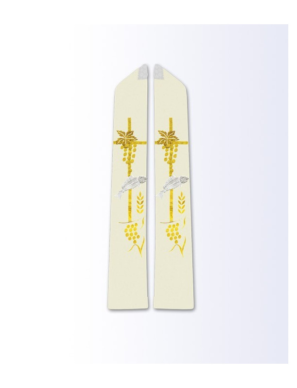 Ecru Priest Stole with Gold Cross, Grapes, Wheat, and Fish Embroidery