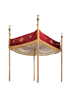 Baldacchino processionale rosso e oro per celebrazioni eucaristiche