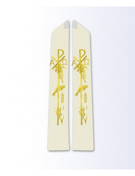 Ecru Priest Stole with Gold Chi-Rho, Alpha and Omega, Grapevine, and Wheat Embroidery