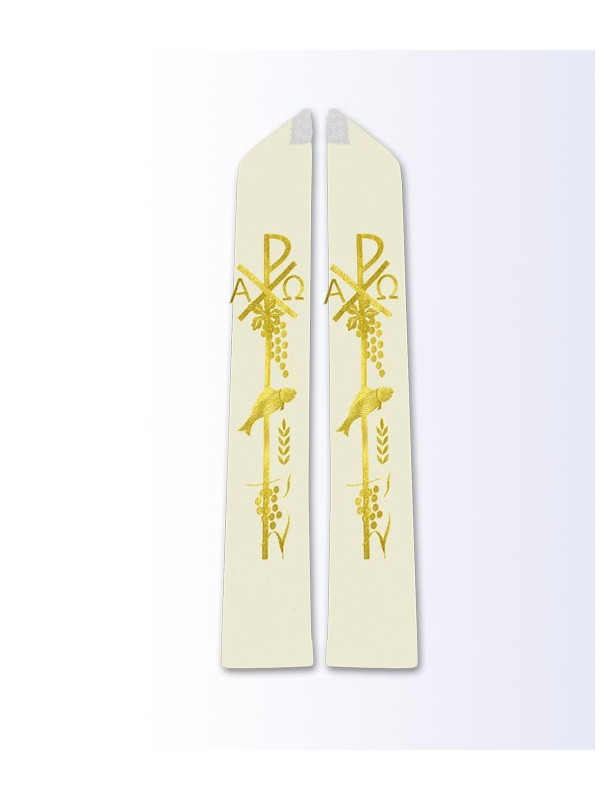 Ecru Priest Stole with Gold Chi-Rho, Alpha and Omega, Grapevine, and Wheat Embroidery