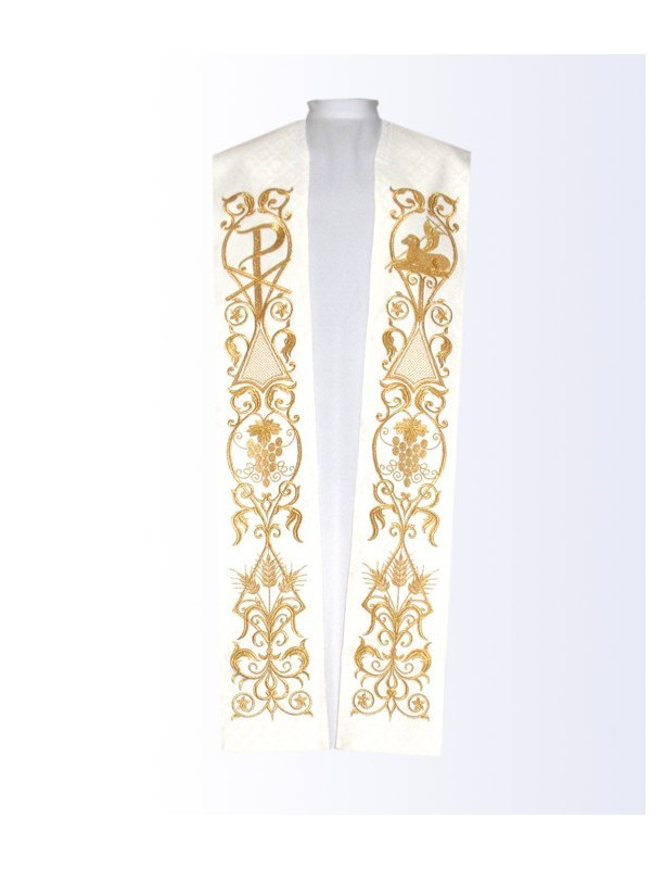 Stole with Gold Chi-Rho, Lamb of God, Wheat, and Grapevine Embroidery