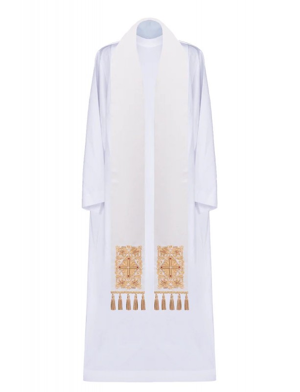 White embroidered priest's stole with decorative stones (51H)