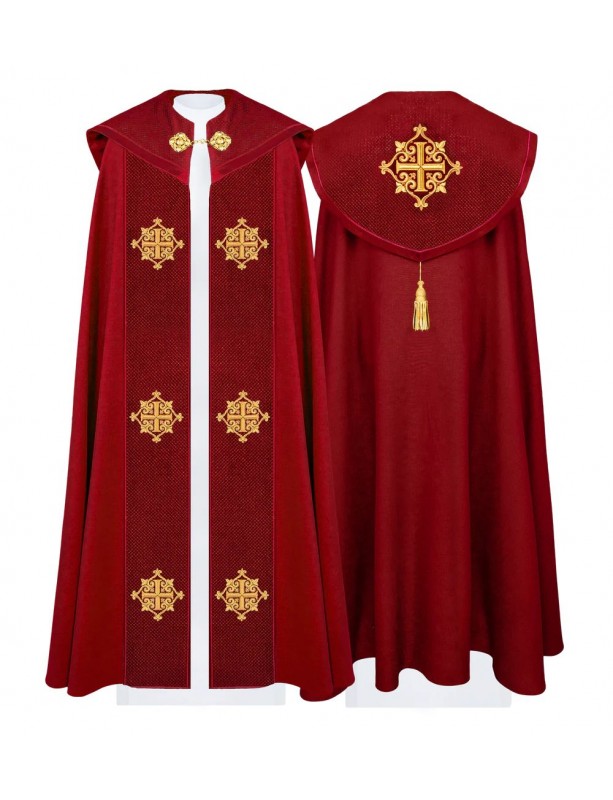 Red embroidered cope with velvet red belt (32H)
