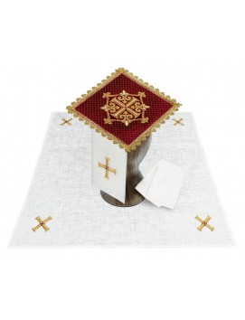 Chalice linen set, red (velvet + linen), embroidered with a golden cross (83H)
