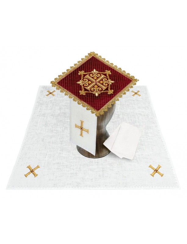 Chalice linen set, red (velvet + linen), embroidered with a golden cross (83H)