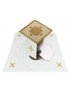 Chalice linen set, ecru (velvet + linen), embroidered golden cross (84H)