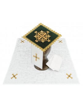 Green chalice linen set (velvet + linen), embroidered gold cross (85H)