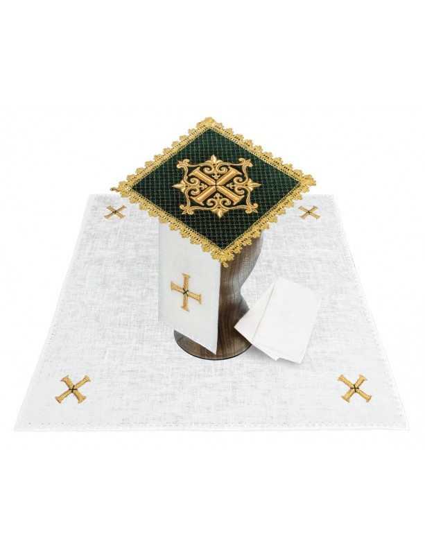 Green chalice linen set (velvet + linen), embroidered gold cross (85H)