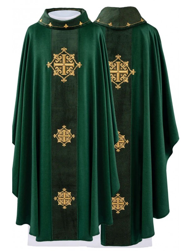Embroidered green chasuble, velvet belt, cross symbol (H213)