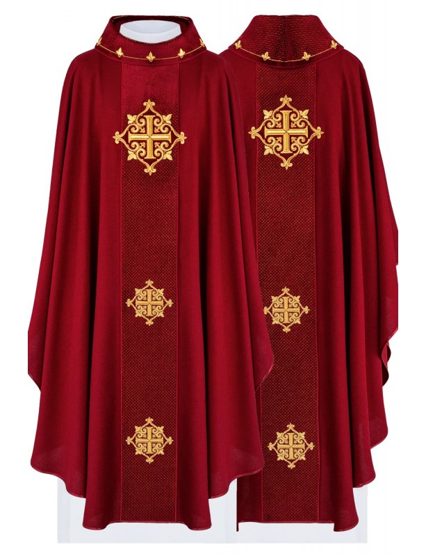 Embroidered red chasuble, velvet belt, symbol of crosses (H214)