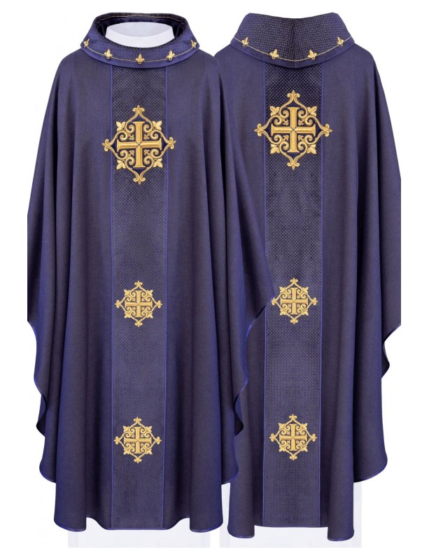 Purple embroidered chasuble, velvet belt, cross symbol (H215)