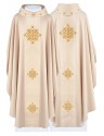 Ecru embroidered chasuble, velvet belt, cross symbol (H216)