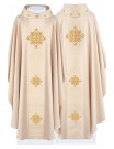 Ecru embroidered chasuble, velvet belt, cross symbol (H216)