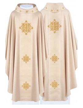 Ecru embroidered chasuble, velvet belt, cross symbol (H216)