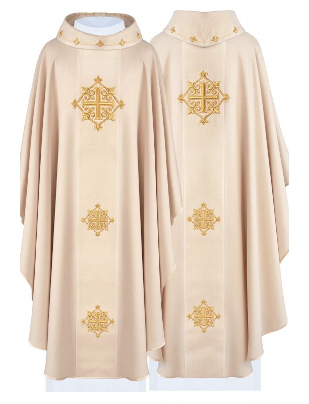 Ecru embroidered chasuble, velvet belt, cross symbol (H216)