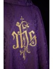 Purple embroidered chasuble, IHS motif, decorative fabric (H217)