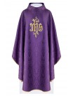 Purple embroidered chasuble, IHS motif, decorative fabric (H217)