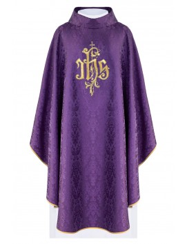 Purple embroidered chasuble, IHS motif, decorative fabric (H217)