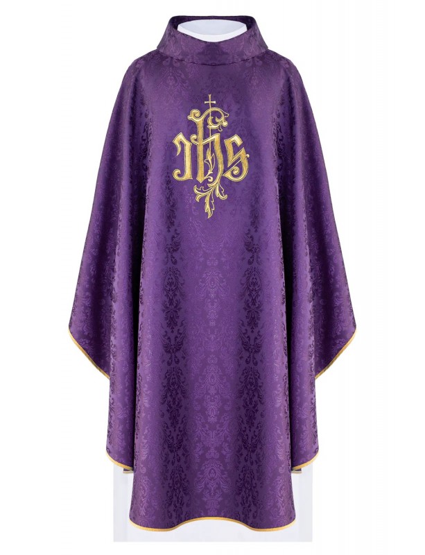 Purple embroidered chasuble, IHS motif, decorative fabric (H217)